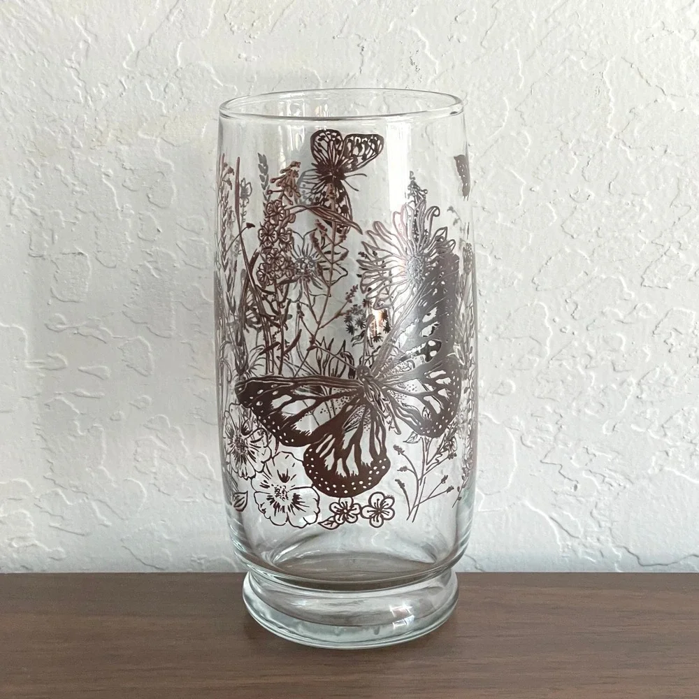 Vintage Butterfly Glassware Set (4) 70s 60s Brown Glasses Floral‎